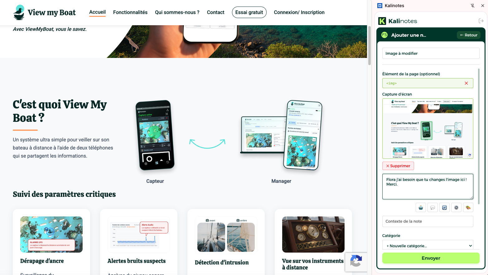 Interface Kalinotes — épingler ses retours sur un site